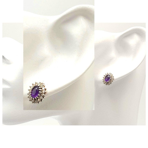 14 - Stunning pair of DIAMOND and DEEP MAUVE TOURMALINE EARRINGS. Oval Set in 9 carat GOLD  and complete ... 