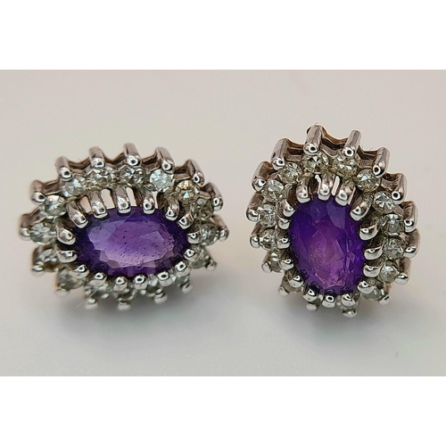 14 - Stunning pair of DIAMOND and DEEP MAUVE TOURMALINE EARRINGS. Oval Set in 9 carat GOLD  and complete ... 