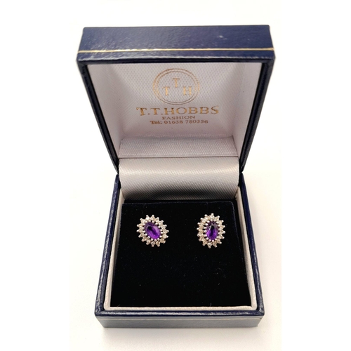 14 - Stunning pair of DIAMOND and DEEP MAUVE TOURMALINE EARRINGS. Oval Set in 9 carat GOLD  and complete ... 