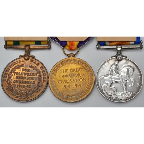 207 - A First World War group of three medals, including the Territorial Force War
Medal, consisting of: B... 