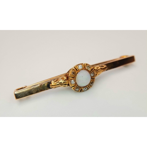 210 - Antique Edwardian GOLD, FIRE OPAL and  DIAMOND BAR BROOCH. Having a centre WHITE FIRE OPAL with comp... 