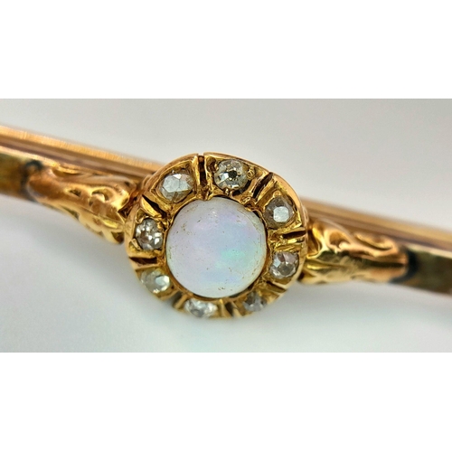 210 - Antique Edwardian GOLD, FIRE OPAL and  DIAMOND BAR BROOCH. Having a centre WHITE FIRE OPAL with comp... 