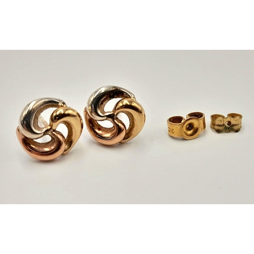 350 - Attractive pair of 9 CARAT, 3 COLOUR GOLD EARRINGS. Complete with Gold backs. Beautiful circular tri... 