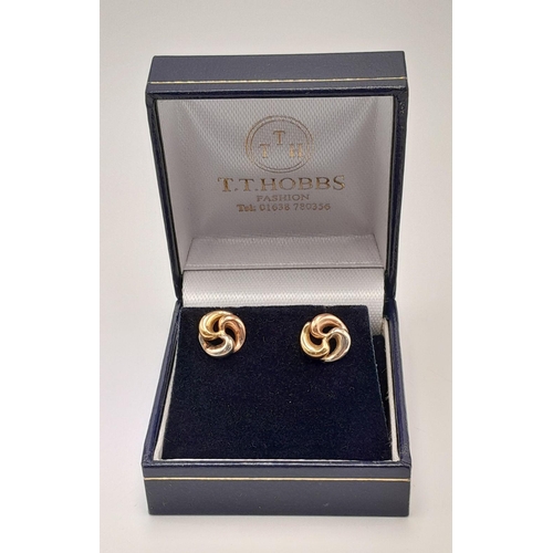 350 - Attractive pair of 9 CARAT, 3 COLOUR GOLD EARRINGS. Complete with Gold backs. Beautiful circular tri... 