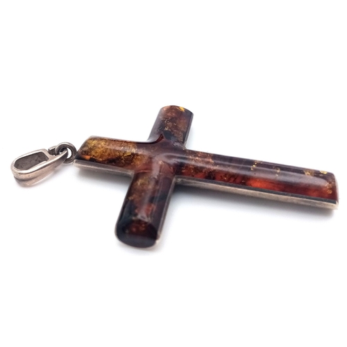 385 - Vintage AMBER SET SILVER CROSS. 5 cm x 3 cm.