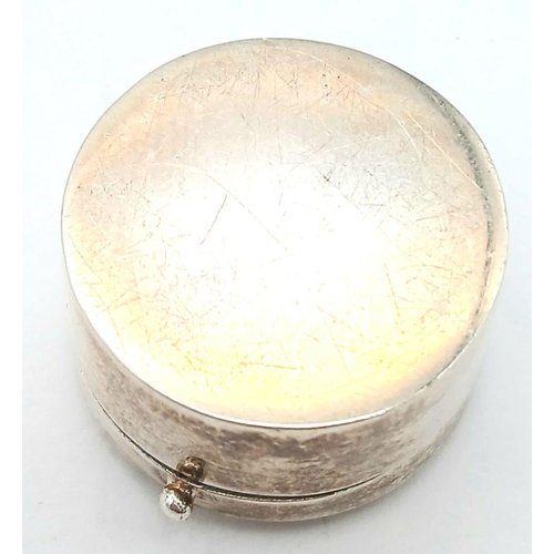 413 - Vintage SILVER PILL BOX. Circular drum shape. Beautifully decorated lid. Opens and closes perfectly.... 