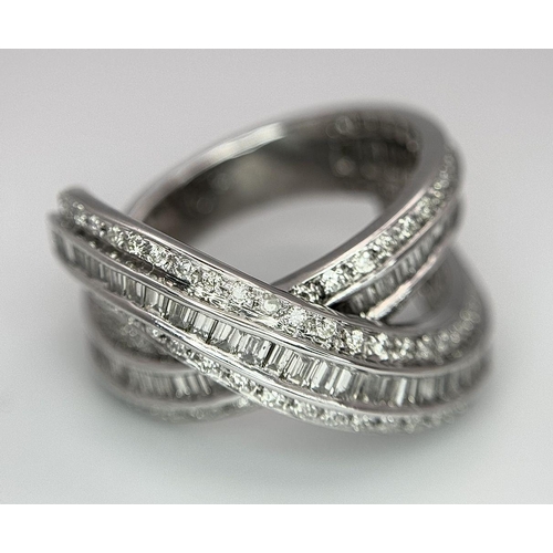 5 - A 14K WHITE GOLD DIAMOND THREE ROW CROSSOVER RING  - COMBO OF ROUND AND BAGUETTE CUT DIAMONDS - 2CTW... 