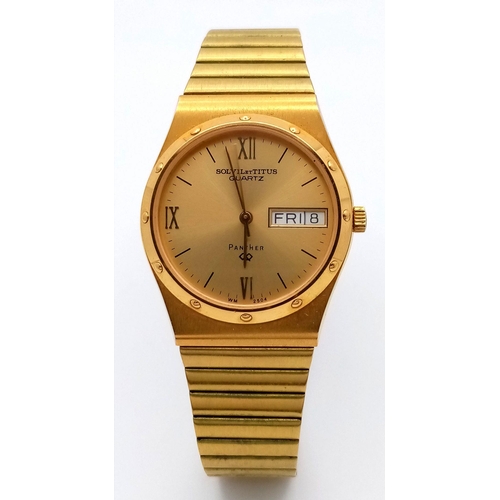 51 - A vintage, gold-plated SOLVIL et TITUS PANTHER watch. Matt gold finish with polished gold bezel. Cas... 