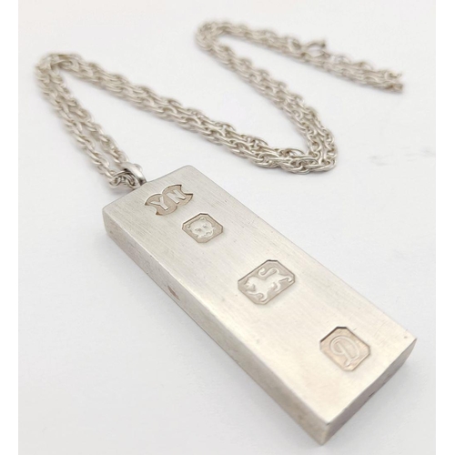 599 - A Hallmarked 1978 Silver Ingot Pendant Necklace. 41cm Length Sterling Silver Chain. Pendant Measures... 