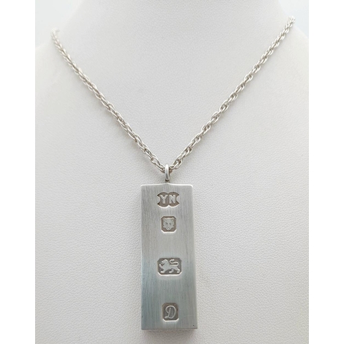 599 - A Hallmarked 1978 Silver Ingot Pendant Necklace. 41cm Length Sterling Silver Chain. Pendant Measures... 