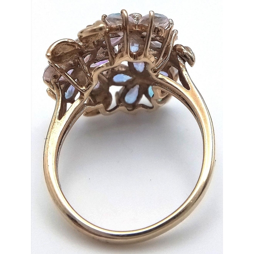 7 - Impressive 9 CARAT GOLD, MYSTIC TOURMALINE COCKTAIL RING. Floral formation with GOLD LEAVES. Stunnin... 