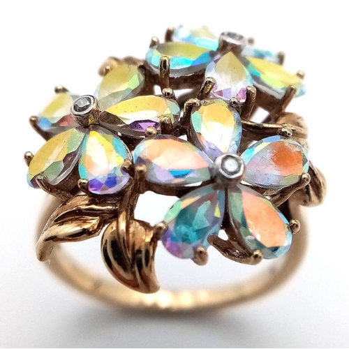 7 - Impressive 9 CARAT GOLD, MYSTIC TOURMALINE COCKTAIL RING. Floral formation with GOLD LEAVES. Stunnin... 