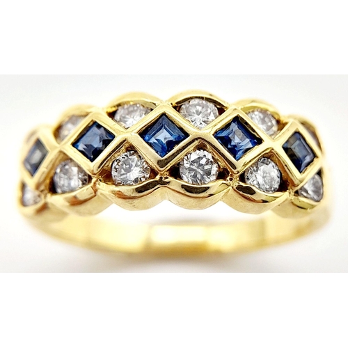 73 - AN 18K YELLOW GOLD DIAMOND AND SAPPHIRE BAND RING. 4G. SIZE K. GW9