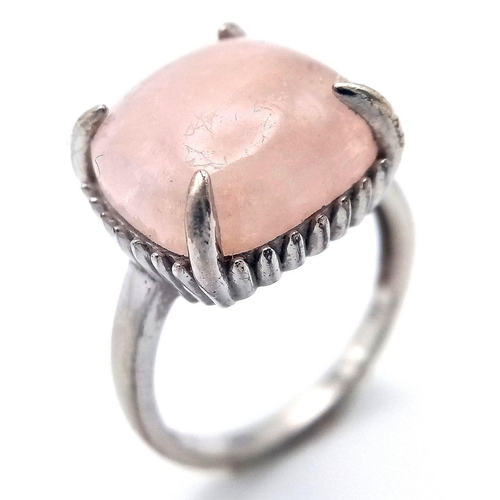 1133 - A Sterling Silver Cushion Cut Rose Quartz Set Ring Size S. Set with a 1.5cm Square Cushion Cut Rose ... 