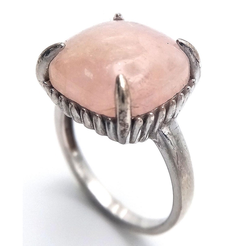 1133 - A Sterling Silver Cushion Cut Rose Quartz Set Ring Size S. Set with a 1.5cm Square Cushion Cut Rose ... 