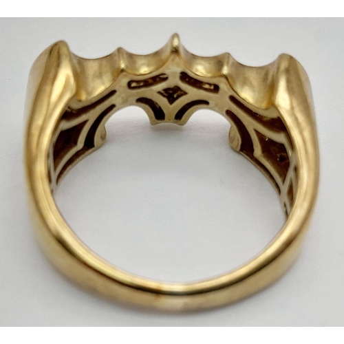 417 - A 9K YELLOW GOLD BLACK DIAMOND SET BATMAN RING! 4.6G. SIZE O. MANGE-TOUT RODNEY! TAN6001