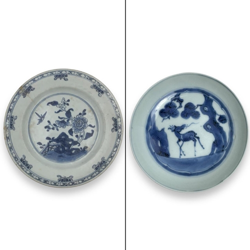 1377 - Two antique Kangxi Chinese blue and white porcelain plates. The first plate features floral and bird... 