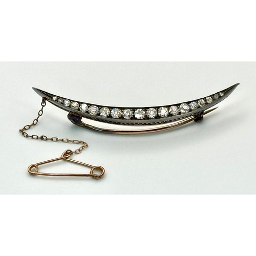 43 - A Fascinating, Antique Gold, Silver and Diamond Bar Brooch. 9k rose gold underside of a crescent sha... 