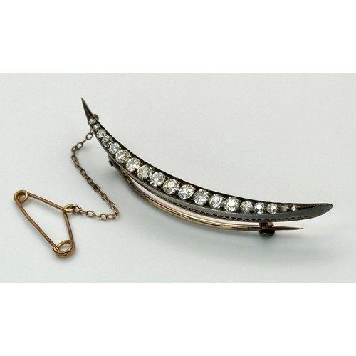 43 - A Fascinating, Antique Gold, Silver and Diamond Bar Brooch. 9k rose gold underside of a crescent sha... 