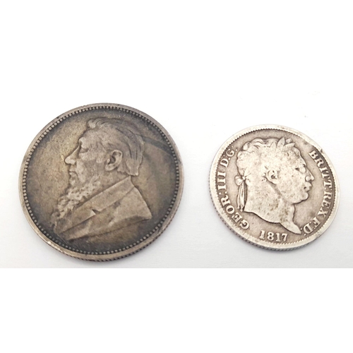 1392 - Two Silver Coins: 1817 George III Shilling and an 1894 South African 2 Shillings.