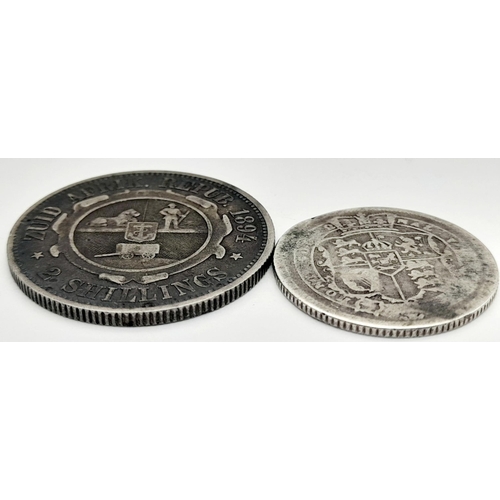 1392 - Two Silver Coins: 1817 George III Shilling and an 1894 South African 2 Shillings.