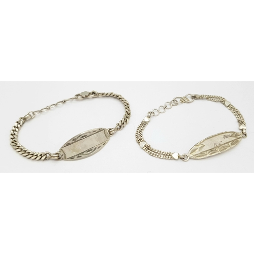 1396 - 2X vintage silver link ID bracelets. Total weight 14G. Total length 17cm and 18.5cm.