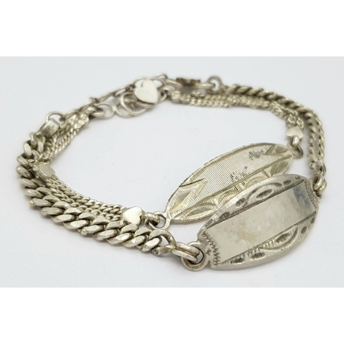 1396 - 2X vintage silver link ID bracelets. Total weight 14G. Total length 17cm and 18.5cm.