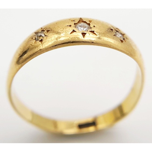 504 - Vintage 18 carat GOLD and DIAMOND GYPSY RING. Having 3 x DIAMONDS Star set to top in GYPSY STYLE. 2.... 