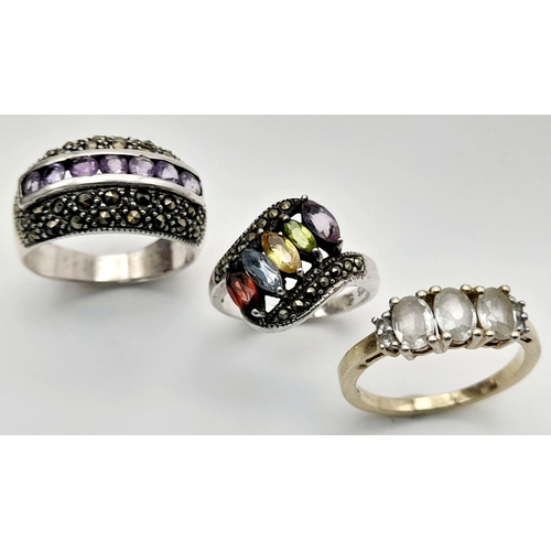 581 - 3 x GEM SET SILVER RINGS of exceptional quality. To include AQUA TRILOGY RING, Together with AMETHYS... 