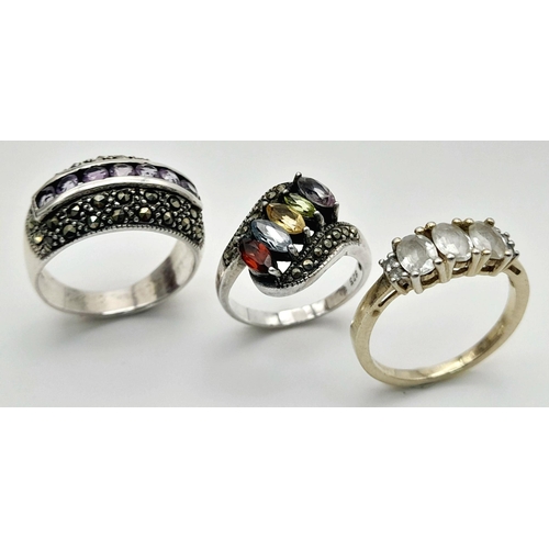 581 - 3 x GEM SET SILVER RINGS of exceptional quality. To include AQUA TRILOGY RING, Together with AMETHYS... 