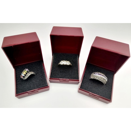 581 - 3 x GEM SET SILVER RINGS of exceptional quality. To include AQUA TRILOGY RING, Together with AMETHYS... 