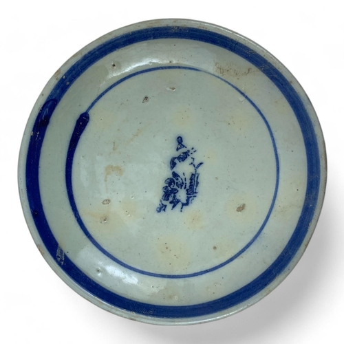 1327 - An antique set of Japanese blue and white porcelain dishes with various symbolic markings. Hand-pain... 