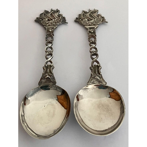 266 - Rare pair of  MAPPIN and WEBB SILVER GALLEON TABLESPOONS. Having clear hallmark for London 1896. Bea... 