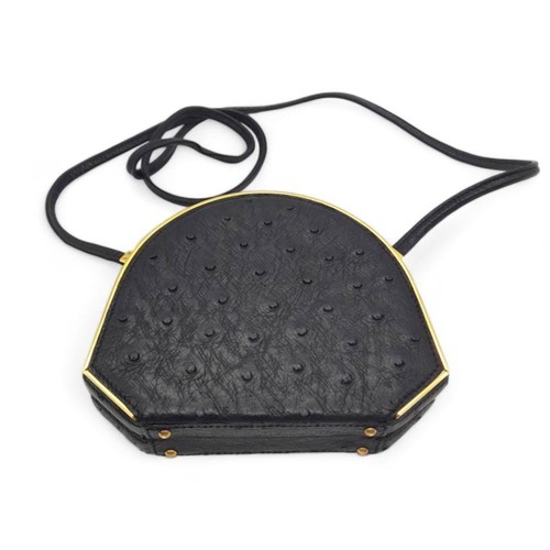 249 - An Asprey of London Black Ostrich Shoulder Bag. Comes with original Asprey box and mirror. Gilded ha... 