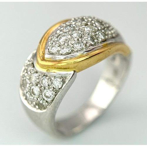 263 - A Gorgeous 18K Gold, Platinum Pave Diamond Ring. Overlap form with bright pave diamonds. Size L. 9.1... 