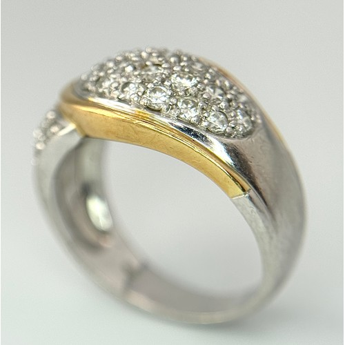 263 - A Gorgeous 18K Gold, Platinum Pave Diamond Ring. Overlap form with bright pave diamonds. Size L. 9.1... 