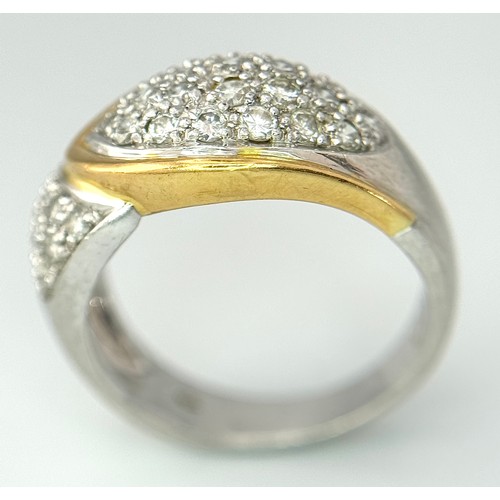 263 - A Gorgeous 18K Gold, Platinum Pave Diamond Ring. Overlap form with bright pave diamonds. Size L. 9.1... 