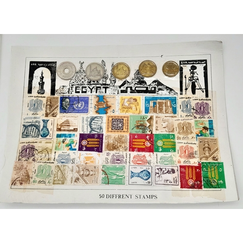 2165 - Collections of 40 Egyptian stamps and 5 coins, 3 notes. Please see photos for conditions.