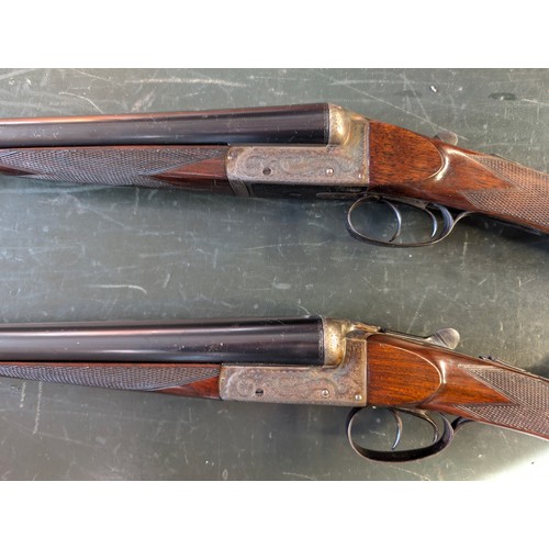 590 - A very rare pair of side by side 12 bore shotguns  - by Harrods. Serial numbers 2004 and 2005. Barre... 