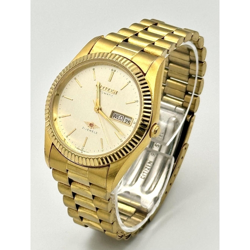 1060 - A Citizen Automatic Gold Plated Gents Watch. GP bracelet and case - 37mm. White dial with day/date w... 