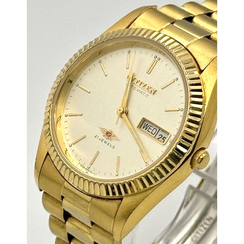 1060 - A Citizen Automatic Gold Plated Gents Watch. GP bracelet and case - 37mm. White dial with day/date w... 