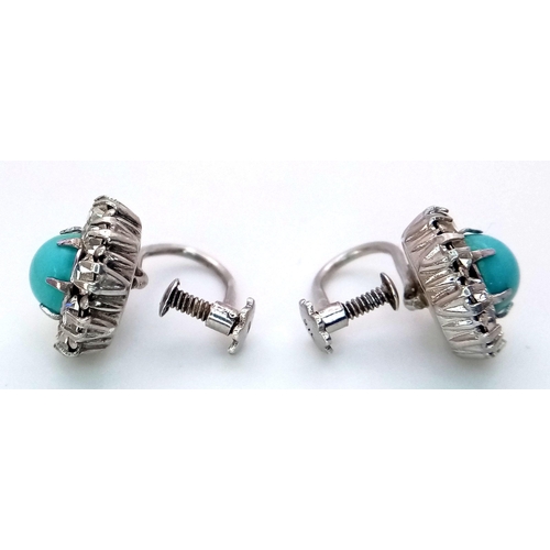 1087 - A Pair of 1930s Art Deco Earrings. Turquoise glass and diamond paste decoration.