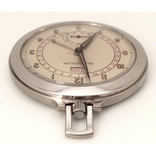 143 - A Rare and Highly Collectible Vintage Jaeger LeCoultre Date Pointer Pocket Watch. Stainless steel ca... 