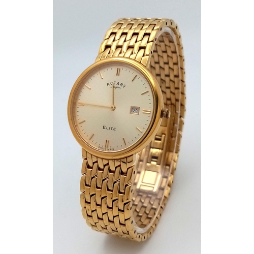 1514 - A Gold Plated Rotary Elite Gents Watch. GP bracelet and case - 34mm. In good condition but needs a b... 