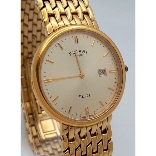 1514 - A Gold Plated Rotary Elite Gents Watch. GP bracelet and case - 34mm. In good condition but needs a b... 