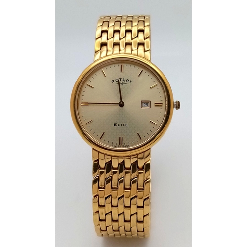 1514 - A Gold Plated Rotary Elite Gents Watch. GP bracelet and case - 34mm. In good condition but needs a b... 