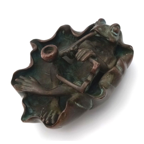 1619 - A Vintage Chinese Bronze of a Pipe Smoking Frog. 7cm x 8cm.