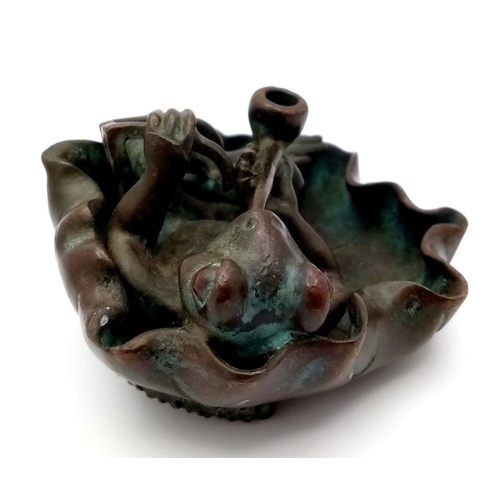 1619 - A Vintage Chinese Bronze of a Pipe Smoking Frog. 7cm x 8cm.