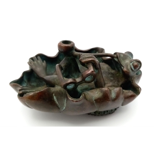 1619 - A Vintage Chinese Bronze of a Pipe Smoking Frog. 7cm x 8cm.