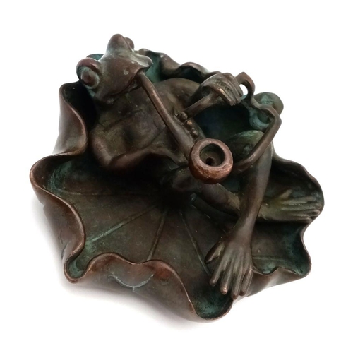 1619 - A Vintage Chinese Bronze of a Pipe Smoking Frog. 7cm x 8cm.